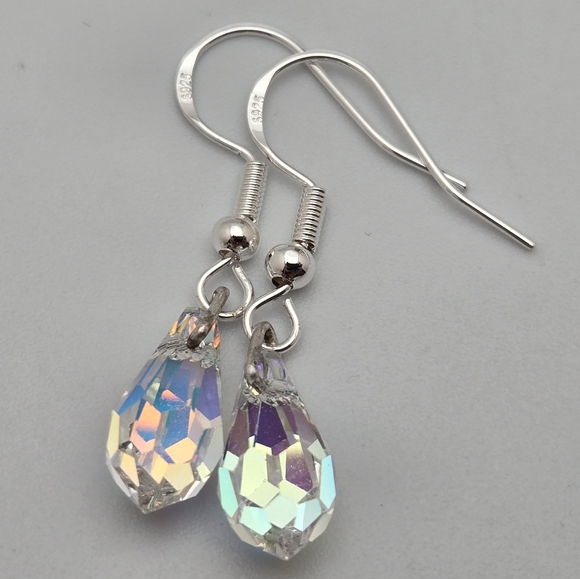 925 Sterling Silver Jewelry - Aurora Borealis Crystal Drop Earrings Iridescent AB Dangle Petite